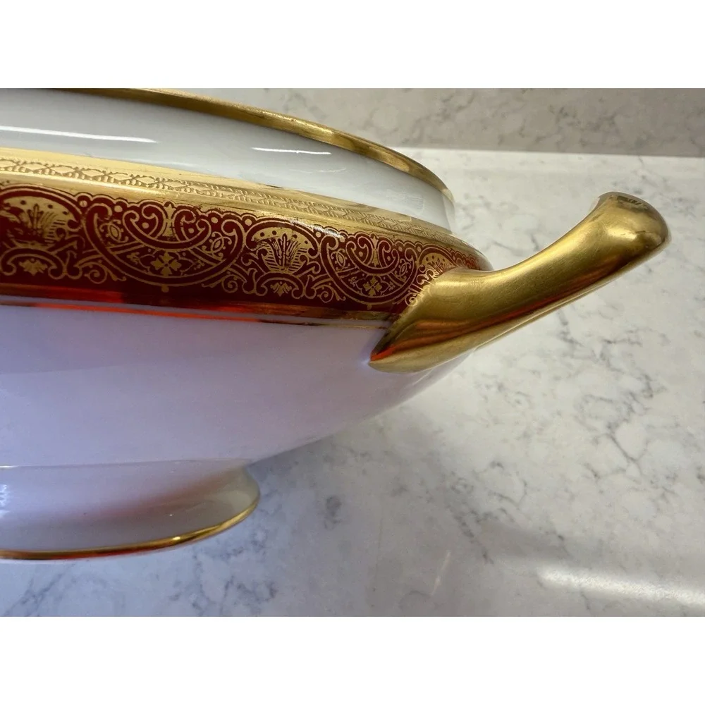 Antique B&C Limoges France Porcelain Soup Tureen Lidded Oval Red Gold Gilt 16765